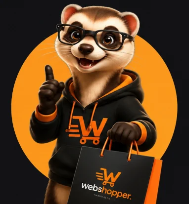 Mascote da webshopper segurando uma sacola da loja